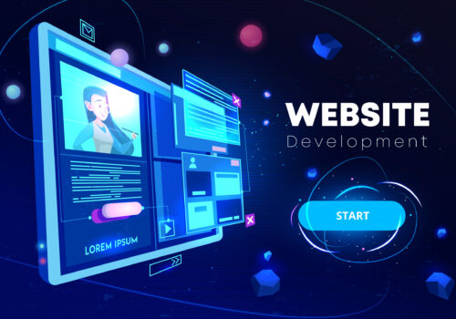 Website development banner, computer technology, monitor with open browser page and woman profile on screen, futuristic background in neon glowing colors. Cartoon vector illustration, landing page